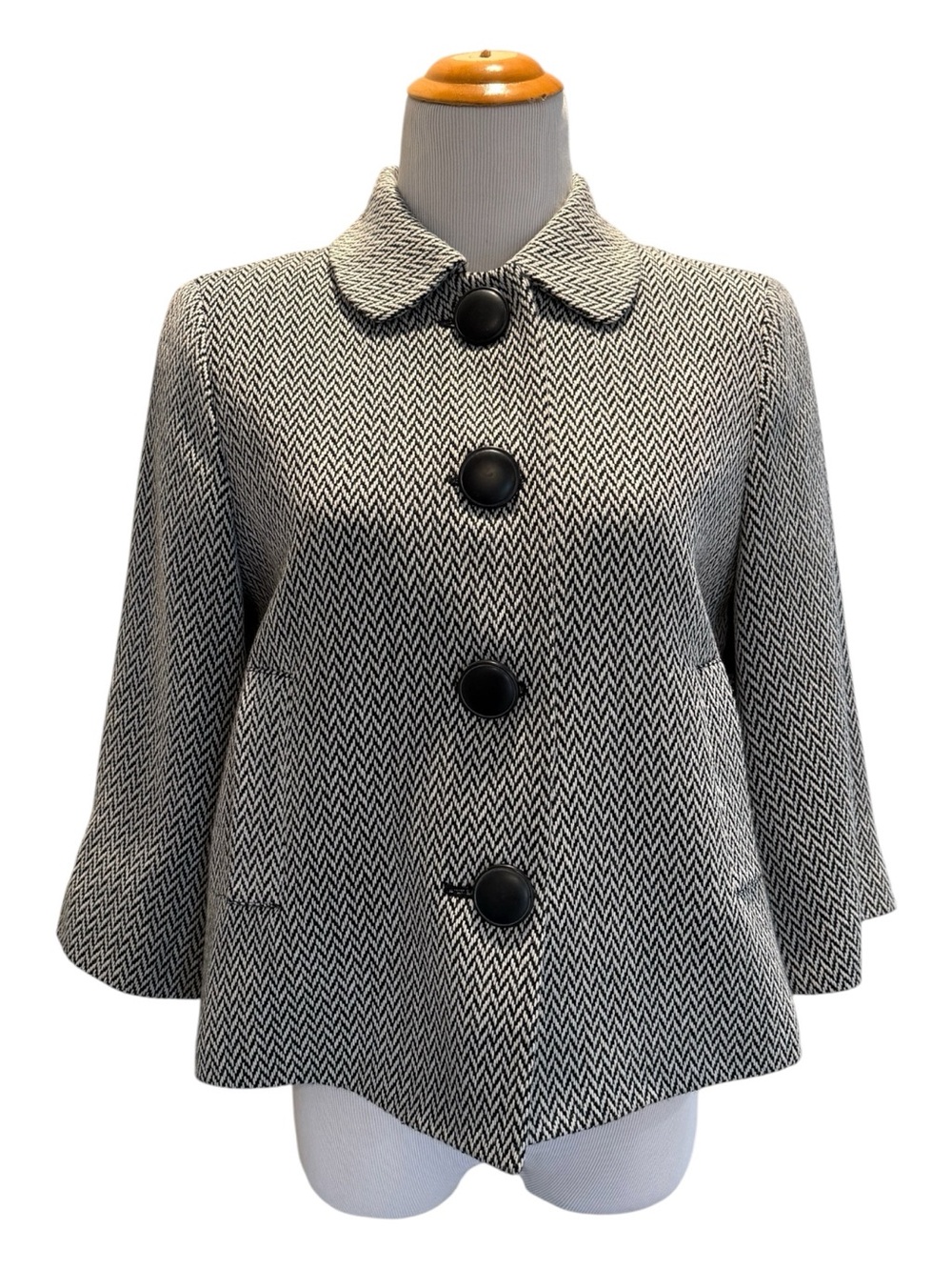 Womens Black & White Herringbone Peacoat Jacket